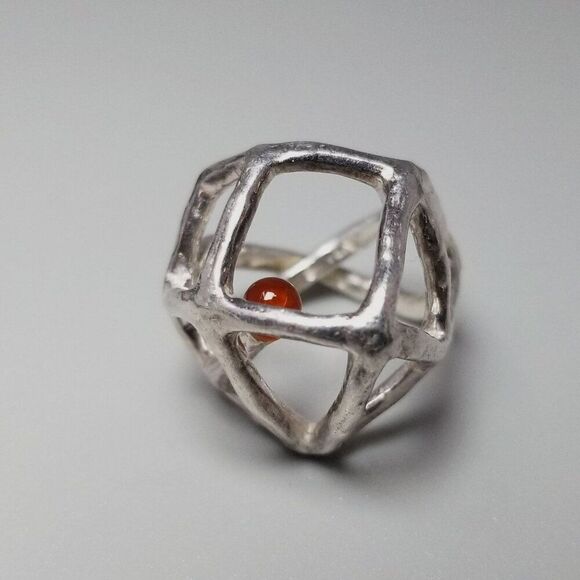 Estate Atelier Shinji Signed Silver and Red Geometric Cocktail Ring, Size 6 Band - Picture 12 of 12